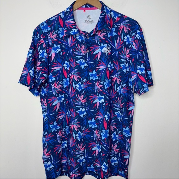 Scales Polo Shirt Mens M Blue Pink Floral Performance Stretch Golf Activewear - Picture 9 of 12